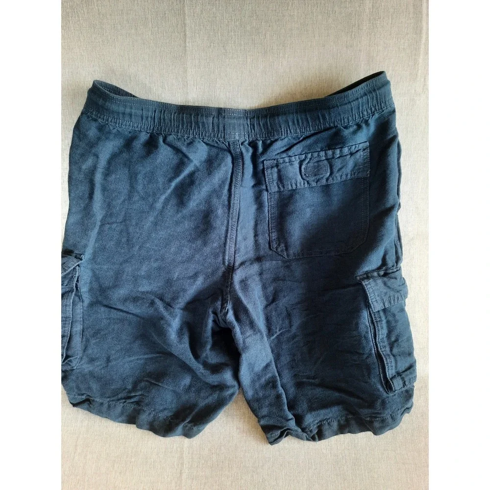 CUBAVERA Men Medium Navy Blue Cargo Shorts Elastic Waist Drawstring  Pure Linen